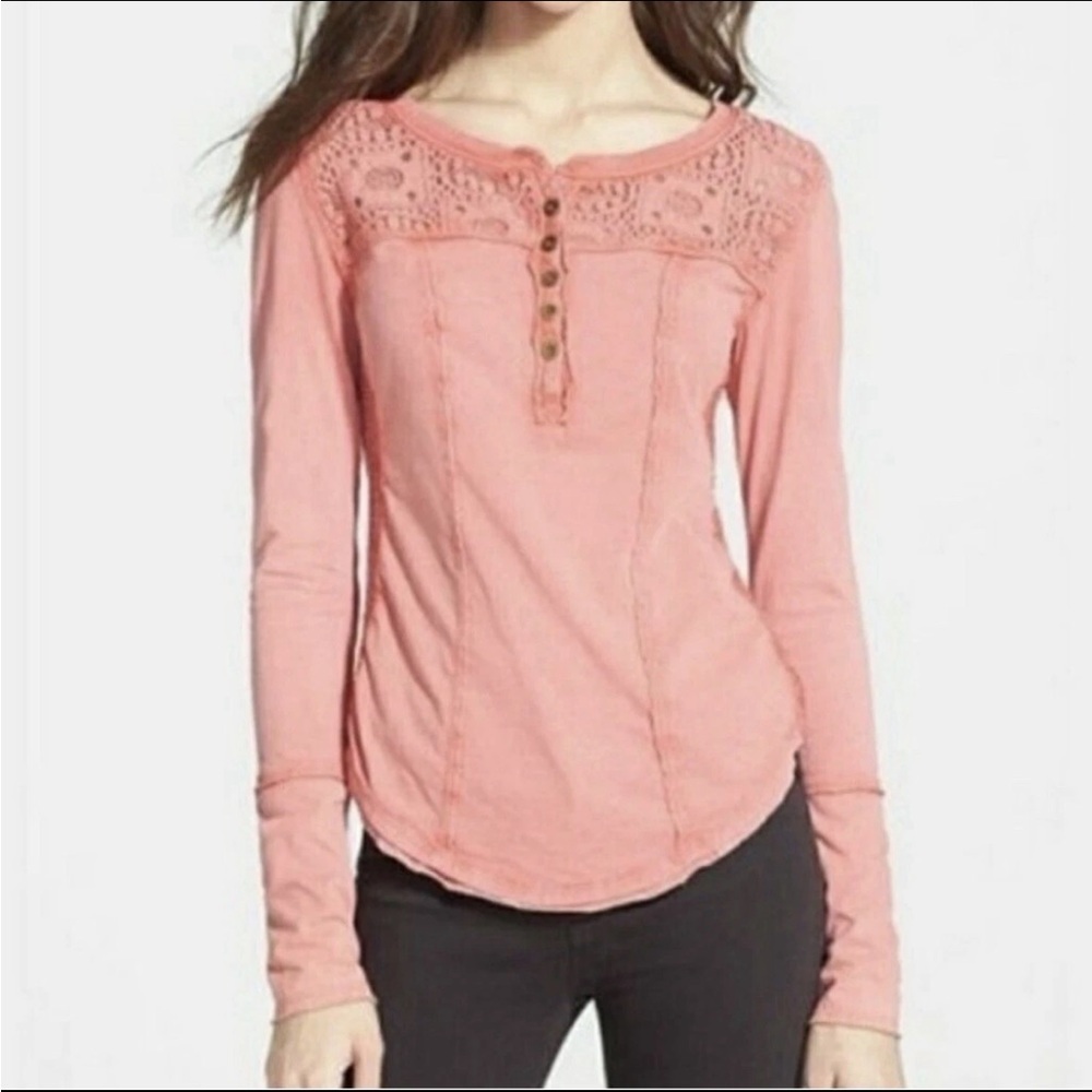 Free People Top Women's Crochet Lace Henley Long Sleeve Boho Sz M Coral Red